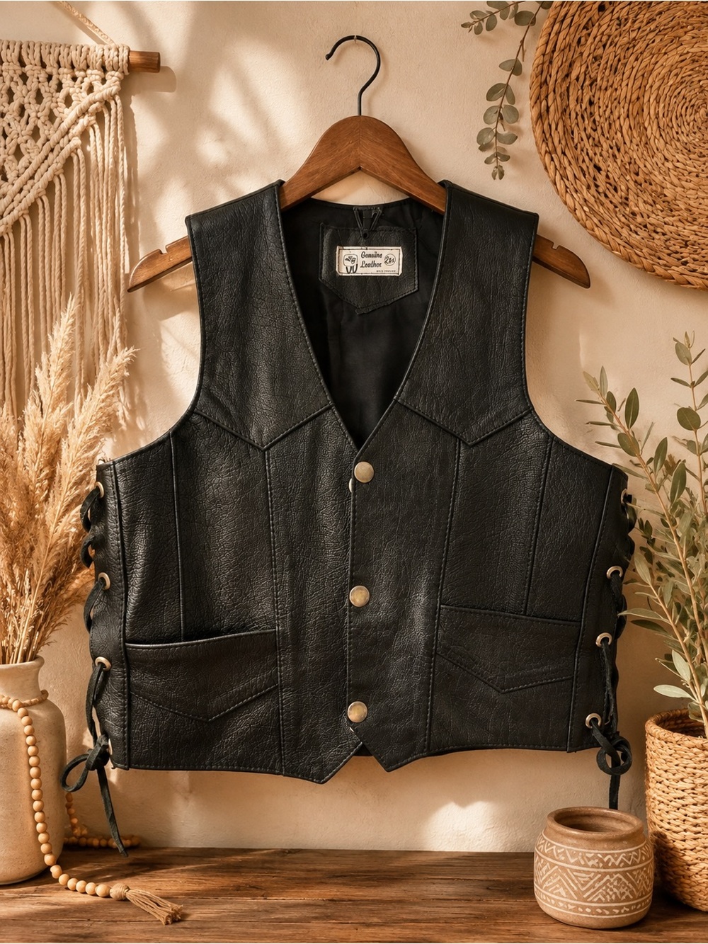 Vintage Black Leather Lace-Side women’s Vest - Classic Biker Style